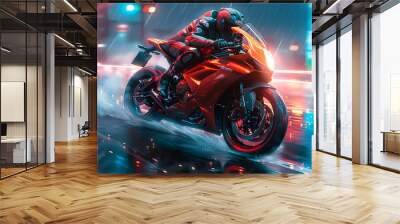 A motorcycle rider on a red motorcycle moving fast Fantasy concept Wall mural