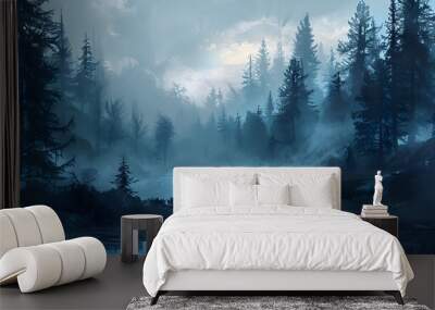 A serene watercolor painting depicting a misty forest and tranquil river in complete isolation from human influence. Wall mural