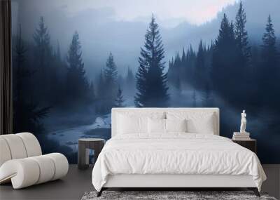 A serene watercolor painting depicting a misty forest and tranquil river in complete isolation from human influence. Wall mural