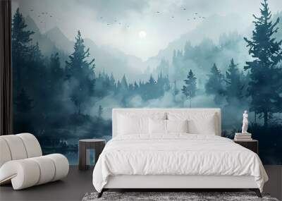 A serene watercolor painting depicting a misty forest and tranquil river in complete isolation from human influence. Wall mural