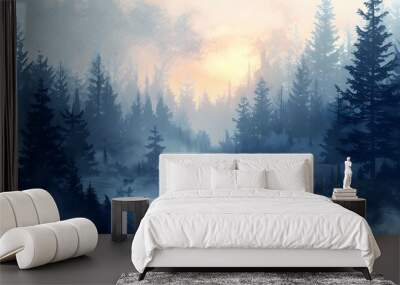 A serene watercolor painting depicting a misty forest and tranquil river in complete isolation from human influence. Wall mural