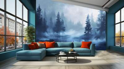 A serene watercolor painting depicting a misty forest and tranquil river in complete isolation from human influence. Wall mural