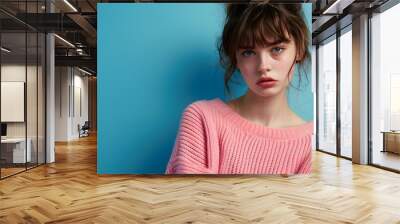 A young woman with an angry expression, wearing a pink sweater against a blue background. Wall mural