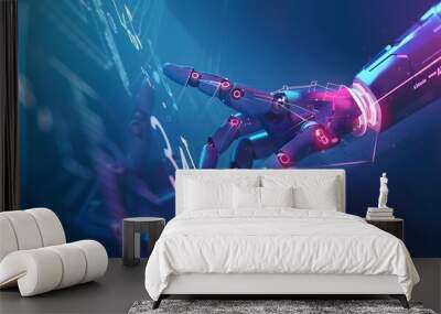 AI, Machine learning, Hands of robot and human touching on big data network connection background, Science and artificial intelligence technology, innovation and futuristic. Wall mural