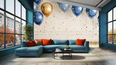 Balloon birthday background confetti anniversary happy gold party ballon white. Birthday balloon background ribbon card design 3D golden isolated celebrate decoration illustration blue banner color. Wall mural