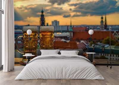 Beer and salted pretzels on wooden background Wall mural