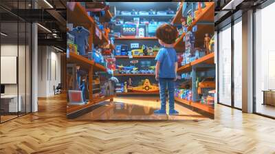 Child in a toy store aisle, gazing at shelves lined with colorful toy cars and vehicles, in a captivating shopping environment. Wall mural