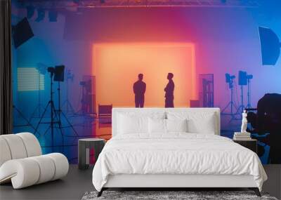 commercial video film movie making lighting set professional studio production big working people silhouette scenes behind television camera motion picture equipment crew photo light Wall mural