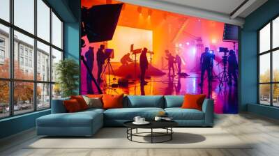 commercial video film movie making lighting set professional studio production big working people silhouette scenes behind television camera motion picture equipment crew photo light Wall mural