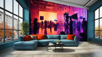 commercial video film movie making lighting set professional studio production big working people silhouette scenes behind television camera motion picture equipment crew photo light Wall mural