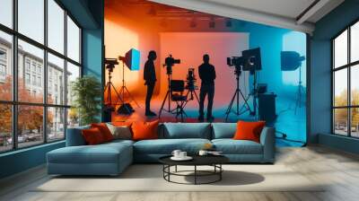 commercial video film movie making lighting set professional studio production big working people silhouette scenes behind television camera motion picture equipment crew photo light Wall mural