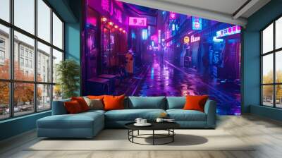 Dark street in cyberpunk city, gloomy alley with neon lighting Wall mural