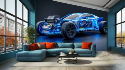 Electric car lithium battery pack is illustrated with power connections, showcasing the core of modern automotive technology in a vibrant blue tone Wall mural