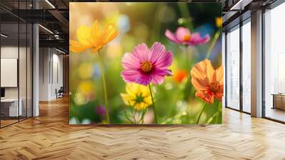 Flower field in sunlight, spring or summer garden background in closeup macro view or flowers meadow field in morning light Wall mural