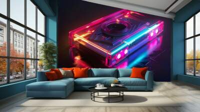 Neon cassette. Nostalgia of the 90s. Audio cassette for listening to music. Wall mural