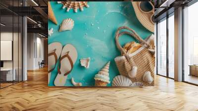 Summer flat lay banner with beach accessories sunglasses sun hat beach shoes sandalsice cream white bag top view on mint background copy space Summer vacation concept aesthetic minimal  Wall mural