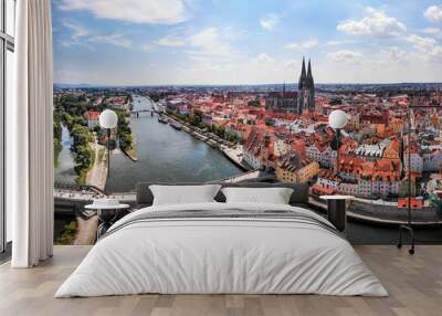 Aerial photography of Regensburg city, Germany. Danube river, architecture, Regensburg Cathedral and Stone Bridge Wall mural