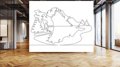 Continuous one single line drawn Mountain landscape. Rocks in the forest. Mountain Lake. Forest landscape. Wall mural