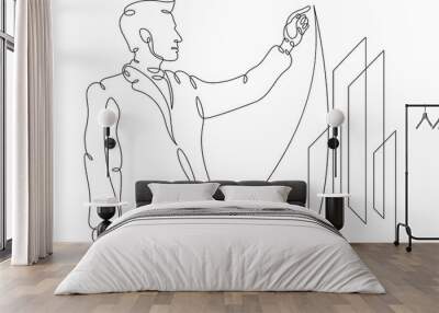 IT technology manager. Engineer programmer drawing statistics graphs in virtual space. Information technologies. Data management. Analyst statistics business.One continuous line .One continuous drawin Wall mural