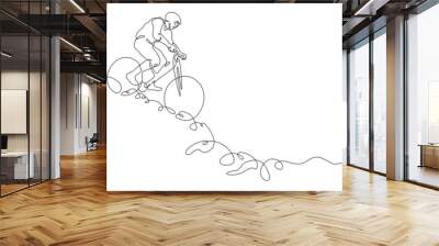 One continuous line. Cyclist on a bike in the mountains. Mountain bike. Extreme sport.Man cyclist.One continuous line drawn isolated, white background. Wall mural