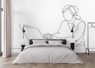 One continuous line. The woman works at the computer. A female character sits at a laptop. Work with mobile Internet.One continuous line is drawn on a white background. Wall mural