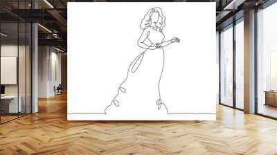 One continuous line.A woman in a beautiful dress. Women's fancy dress. Female character in a holiday dress. Long pretty hair. Portrait of a young woman. One continuous line is drawn on a white backgro Wall mural