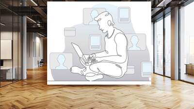 One continuous line.A young man with a laptop in his hands. A man is sitting with a computer. Work on the Internet. Communication in social networks.Continuous art line drawing isolated white backgrou Wall mural