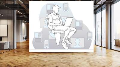 One continuous line.A young man with a laptop in his hands. A man is sitting with a computer. Work on the Internet. Communication in social networks.Continuous art line drawing isolated white backgrou Wall mural