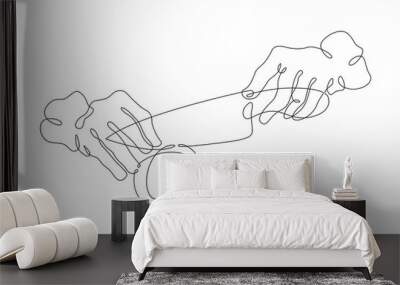 One continuous line.The hands of the cook. The cook cuts food with a knife. Chopped vegetables. The chef is cutting with a knife. One continuous line is drawn on a white background. Wall mural