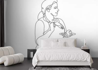 One continuous single drawn line  doodle  cook woman Wall mural