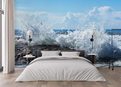 close up of a wave splashing over a rock Wall mural