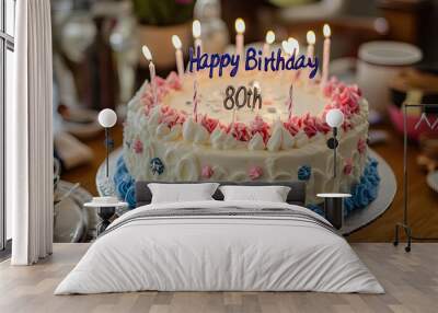 80th Birthday Cake with Lit Candles and Decorative Frosting Wall mural