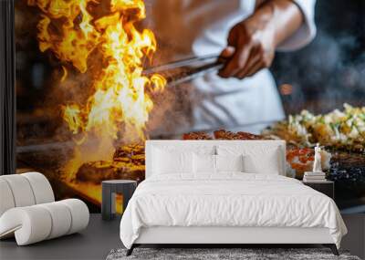 Chef Cooking on a Hibachi Grill with Flames Wall mural