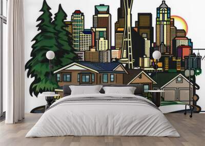 Colorful sticker illustration of the Seattle skyline featuring the Space Needle, urban buildings, a residential area, and evergreen trees. Wall mural