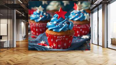 Cupcakes with blue frosting and star sprinkles in a festive display. Wall mural