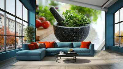 Fresh Herbs in a Granite Mortar and Pestle on Kitchen Counter Wall mural