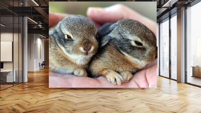 A Pair of Baby Cottontail Rabbits Rest in a Hand Wall mural