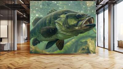 Underwater view of a large bass fish with an open mouth among aquatic plants. Wall mural