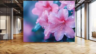 Close-up of pink flowers with droplets, set against a soft blue background. Wall mural