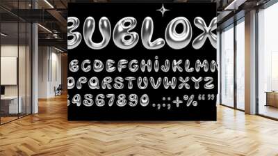 3D chrome balloon bubble font in Y2K style. Realistic shiny silver inflated letters, numbers, and symbols with liquid metal effect for modern retro typography, banners, posters, and digital design Wall mural