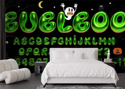 3D Halloween balloon bubble font. Realistic inflated toxic green bold letters, numbers. Creepy vector alphabet with ghostly effect for horror typography, posters, spooky designs with bold lettering Wall mural