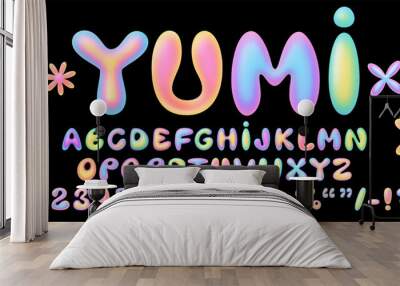 3D Y2K type font with luminous holographic gradient, perfect for spring and Easter designs. Vector isolated balloon bubble English alphabet letters Wall mural