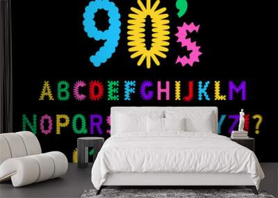 90s style font alphabet. Bright, colorful letters and numbers. Nostalgia for the retro 90s Wall mural