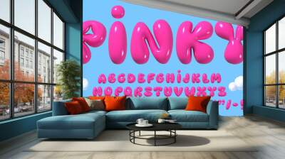 Glossy 3D pink bubble font in Y2K style. Playful design inspired by 2000s or 90s, inflated balloon letters. Trendy English type. Realistic vector illustration Wall mural