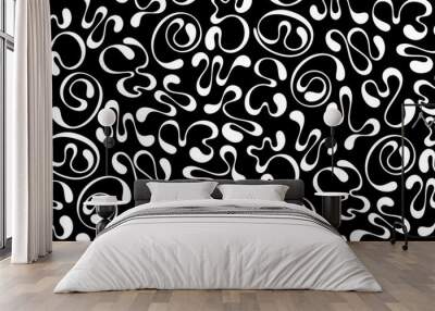 Seamless abstract Y2K-inspired pattern with white fluid numbers in a twisting shape and droplet ends on a black background, ideal for modern retro fashion and design Wall mural