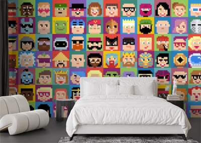 Vector pixel avatars, heads in pixel-art flat design  Wall mural