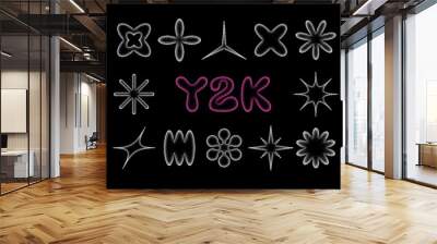 Y2k pixelated shape set - star, spark, flower and other abstract objects. Collection of isolated vector retro elements for modern 2000s design Wall mural