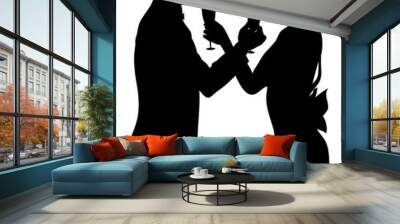 Romantic couple silhouette sharing glass of champagne Wall mural