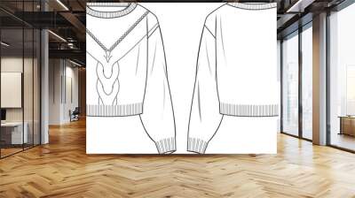 Women's Crop Cable Jumper. Technical fashion illustration. Front and back, white color. Women's CAD mock-up. Wall mural