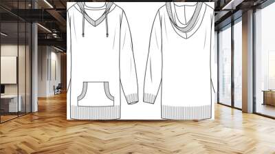 Women's Hooded Tunic. Technical fashion illustration. Front and back, white color. Women's CAD mock-up. Wall mural